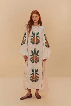 Light Pink Cross Stitch Pineapple Embroidered Midi Dress