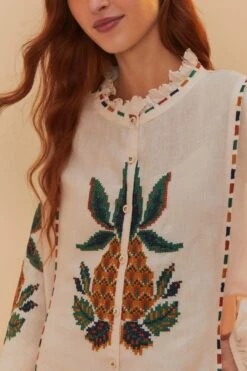 Light Pink Cross Stitch Pineapple Embroidered Midi Dress -Farm Rio 324909 03