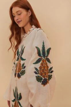 Light Pink Cross Stitch Pineapple Embroidered Midi Dress -Farm Rio 324909 05