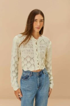 Off-White Mixed Lace Stitch Cardigan