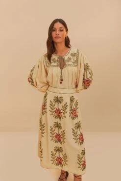 Sand Tropical Flower Embroidered LENZING™ ECOVERO™ Euroflax™ Maxi Skirt 8 Sand Tropical Flower Embroidered LENZING™ ECOVERO™ Euroflax™ Maxi Skirt -Farm Rio 332942 03