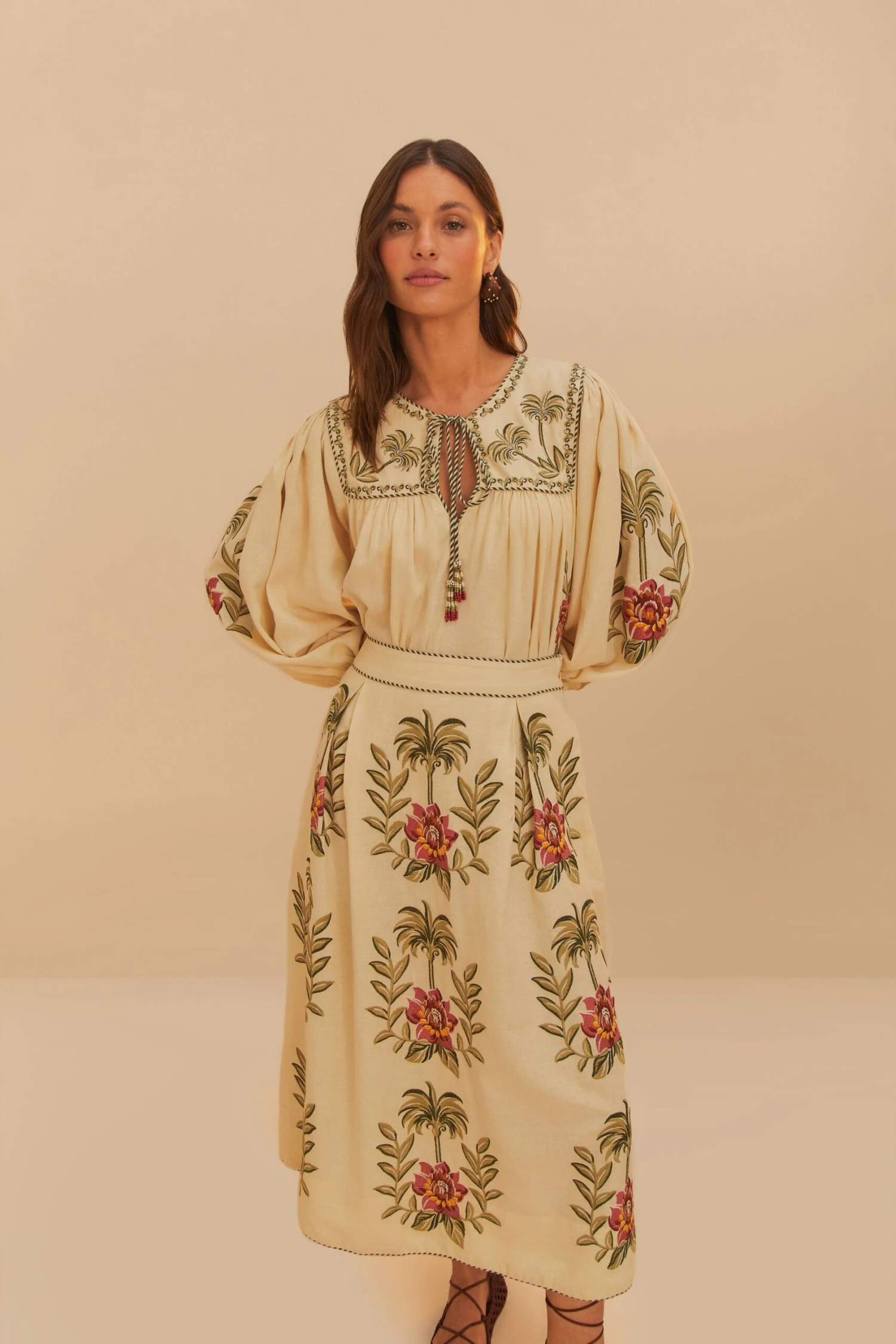 Sand Tropical Flower Embroidered LENZING™ ECOVERO™ Euroflax™ Maxi Skirt 3 Sand Tropical Flower Embroidered LENZING™ ECOVERO™ Euroflax™ Maxi Skirt - Image 3