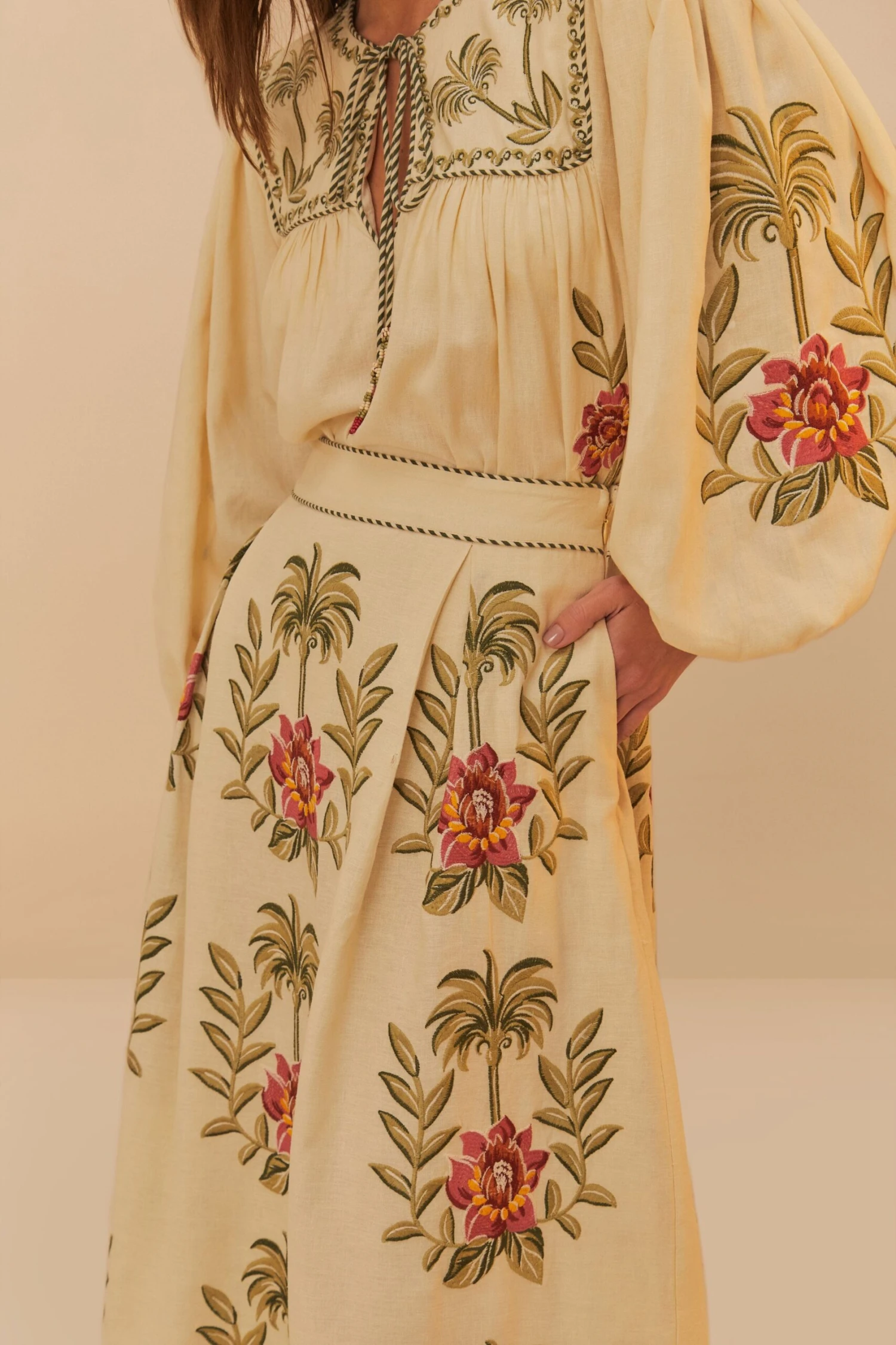 Sand Tropical Flower Embroidered LENZING™ ECOVERO™ Euroflax™ Maxi Skirt 4 Sand Tropical Flower Embroidered LENZING™ ECOVERO™ Euroflax™ Maxi Skirt - Image 4