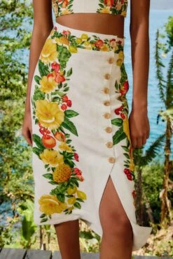 Off-White Picnic Flowers Euroflax™ Premium Linen Viscose Midi Skirt -Farm Rio 335736 02