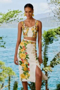 Off-White Picnic Flowers Euroflax™ Premium Linen Viscose Midi Skirt