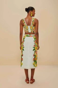 Off-White Picnic Flowers Euroflax™ Premium Linen Viscose Midi Skirt -Farm Rio 335736 04