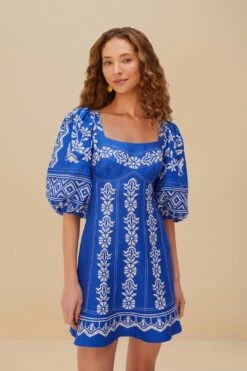 Blue Tropical Cross Stitch Euroflax™ Premium Linen Mini Dress