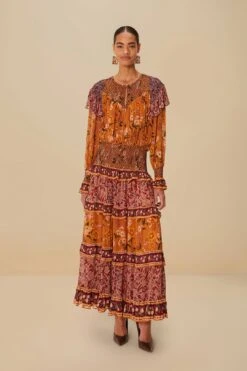 Colorful Birds Camel Smocking Long Sleeve Maxi Dress -Farm Rio 335861 02 130fb63c a5e6 45dc b683 16185284d757