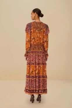 Colorful Birds Camel Smocking Long Sleeve Maxi Dress -Farm Rio 335861 04 771d0708 068e 40f6 9272 cd219d644f3a