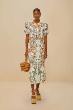 Off-White Delicate Forest Euroflax™ Premium Linen Midi Skirt