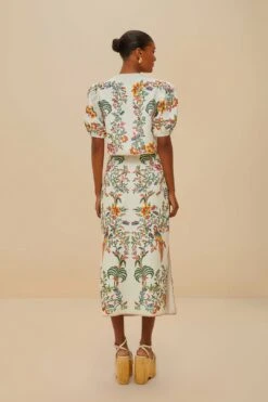 Off-White Delicate Forest Euroflax™ Premium Linen Midi Skirt -Farm Rio 336218 04