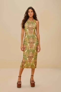 Pineapple Tapestry Green Tulle Midi Dress