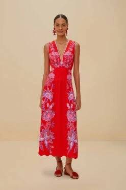 Red Porcelain Garden Euroflax™ Premium Linen Midi Dress