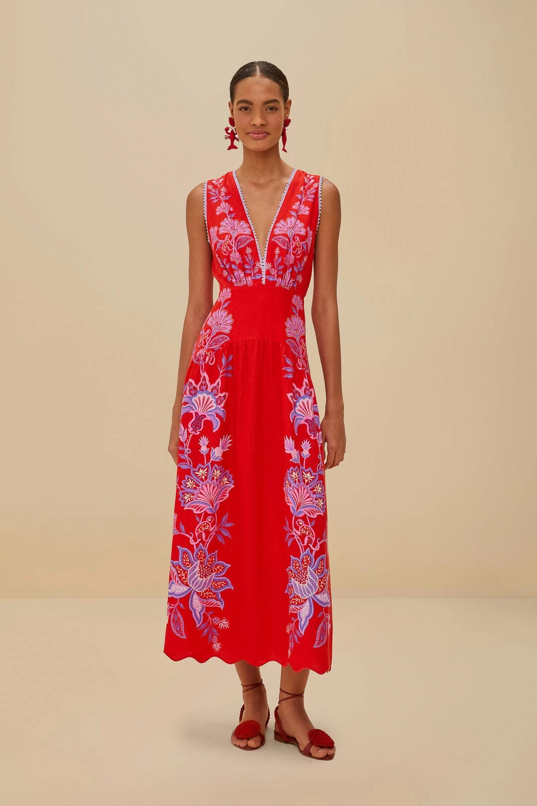 Red Porcelain Garden Euroflax™ Premium Linen Midi Dress 1 Red Porcelain Garden Euroflax™ Premium Linen Midi Dress