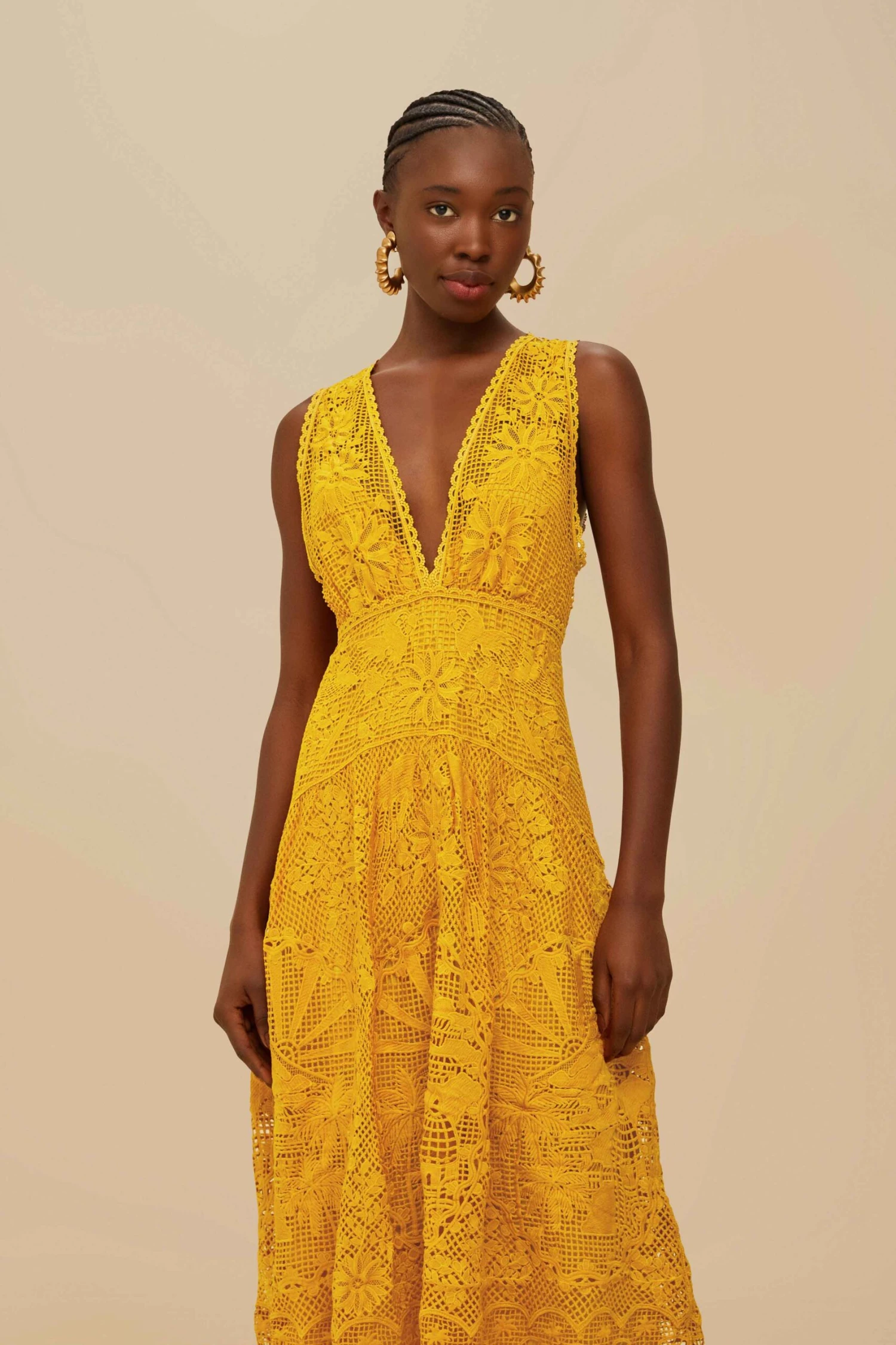 Landscape Guipure Mustard Yellow Midi Dress 3 Landscape Guipure Mustard Yellow Midi Dress - Image 3