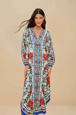 Off-White Flower Tapestry LENZING™ ECOVERO™ Euroflax™ Maxi Dress -Farm Rio 336380 03