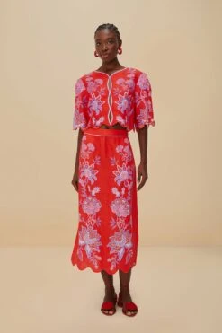 Red Porcelain Garden Euroflax™ Premium Linen Midi Skirt