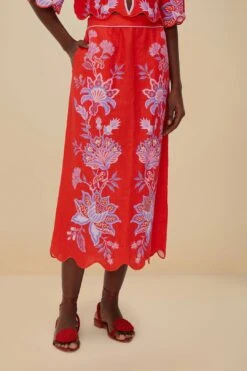 Red Porcelain Garden Euroflax™ Premium Linen Midi Skirt -Farm Rio 336469 03