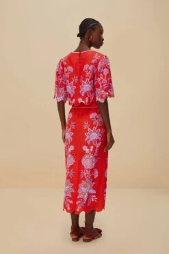 Red Porcelain Garden Euroflax™ Premium Linen Midi Skirt -Farm Rio 336469 04