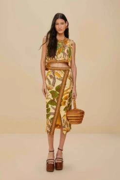 Sand Foliage Sketch LENZING™ ECOVERO™ Euroflax™ Midi Skirt