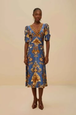 Blue Ornament Floral Midi Dress