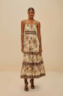 Sand Aura Floral Sleeveless Midi Dress