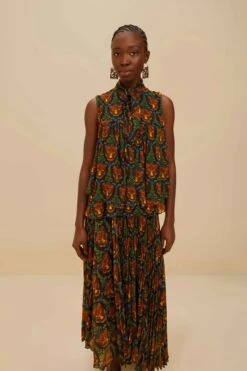 Black Boho Panther Pleated Maxi Skirt -Farm Rio 336551 03