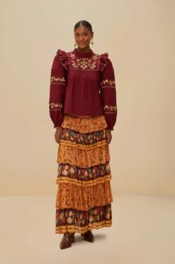 Colorful Birds Camel Ruffles Midi Skirt