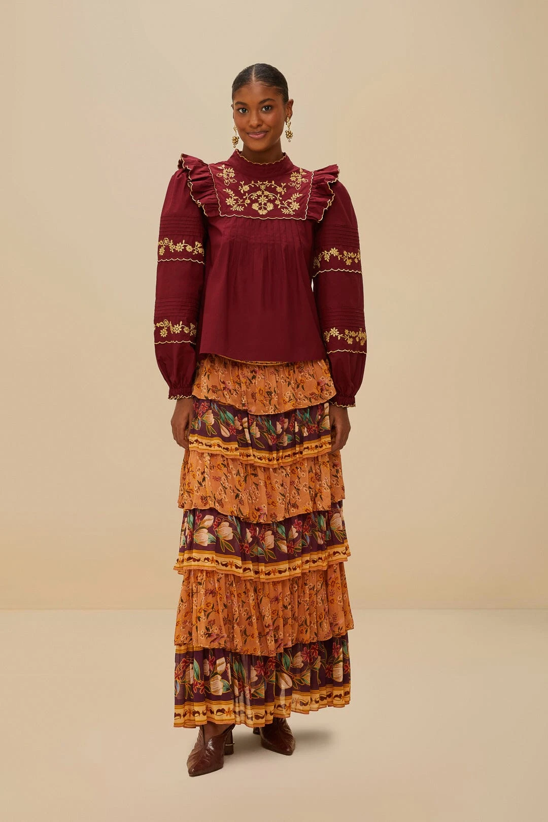 Colorful Birds Camel Ruffles Midi Skirt 1 Colorful Birds Camel Ruffles Midi Skirt