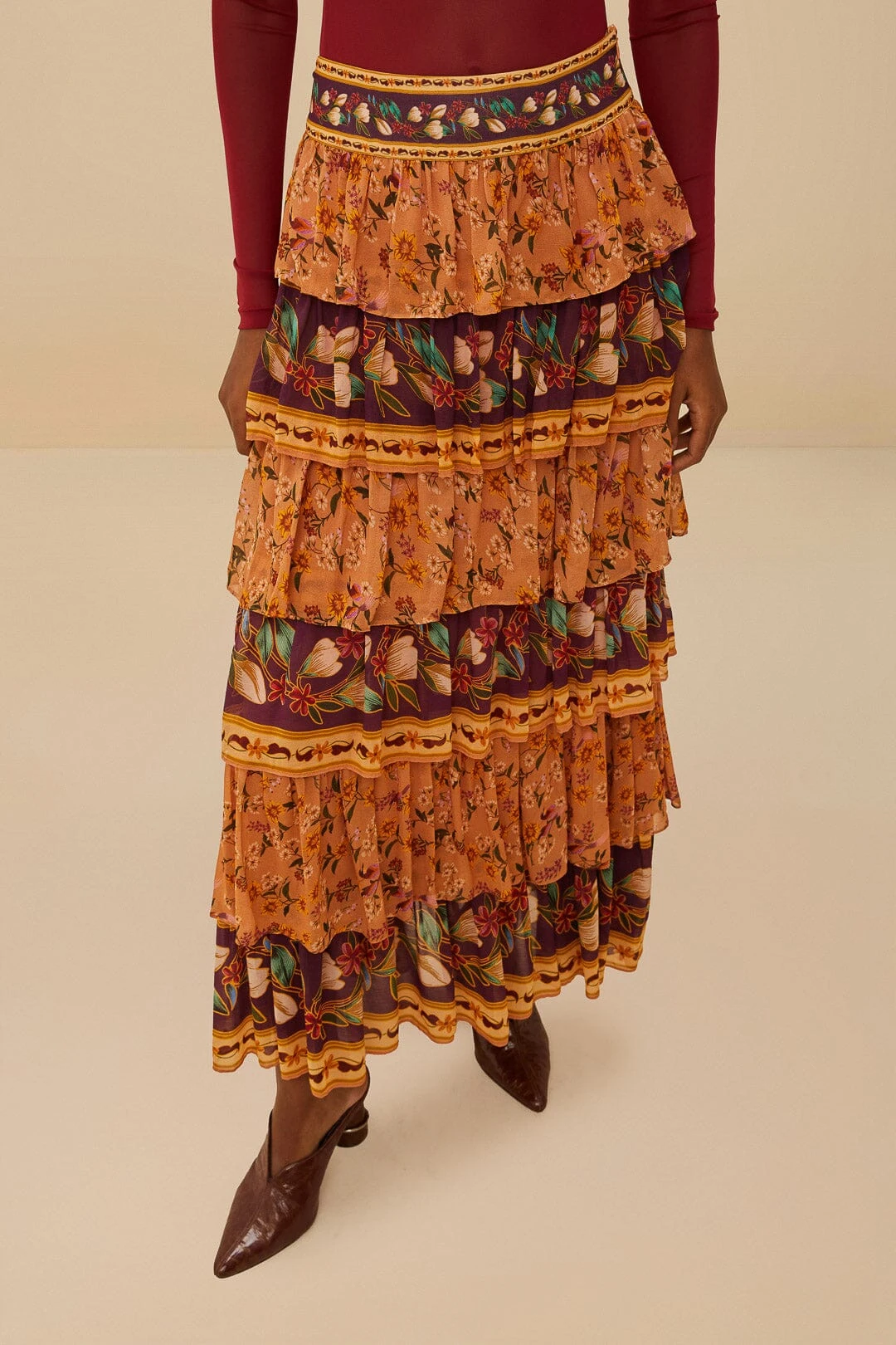 Colorful Birds Camel Ruffles Midi Skirt 2 Colorful Birds Camel Ruffles Midi Skirt - Image 2