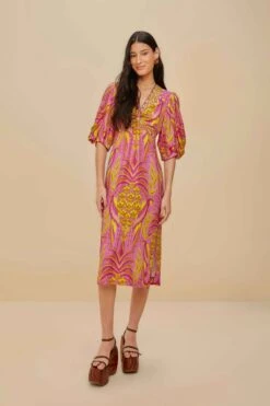 Pineapple Tapestry Pink Midi Dress