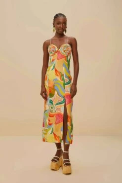 Multicolor Ocean View Twisted Cups Euroflax™ Premium Linen Midi Dress