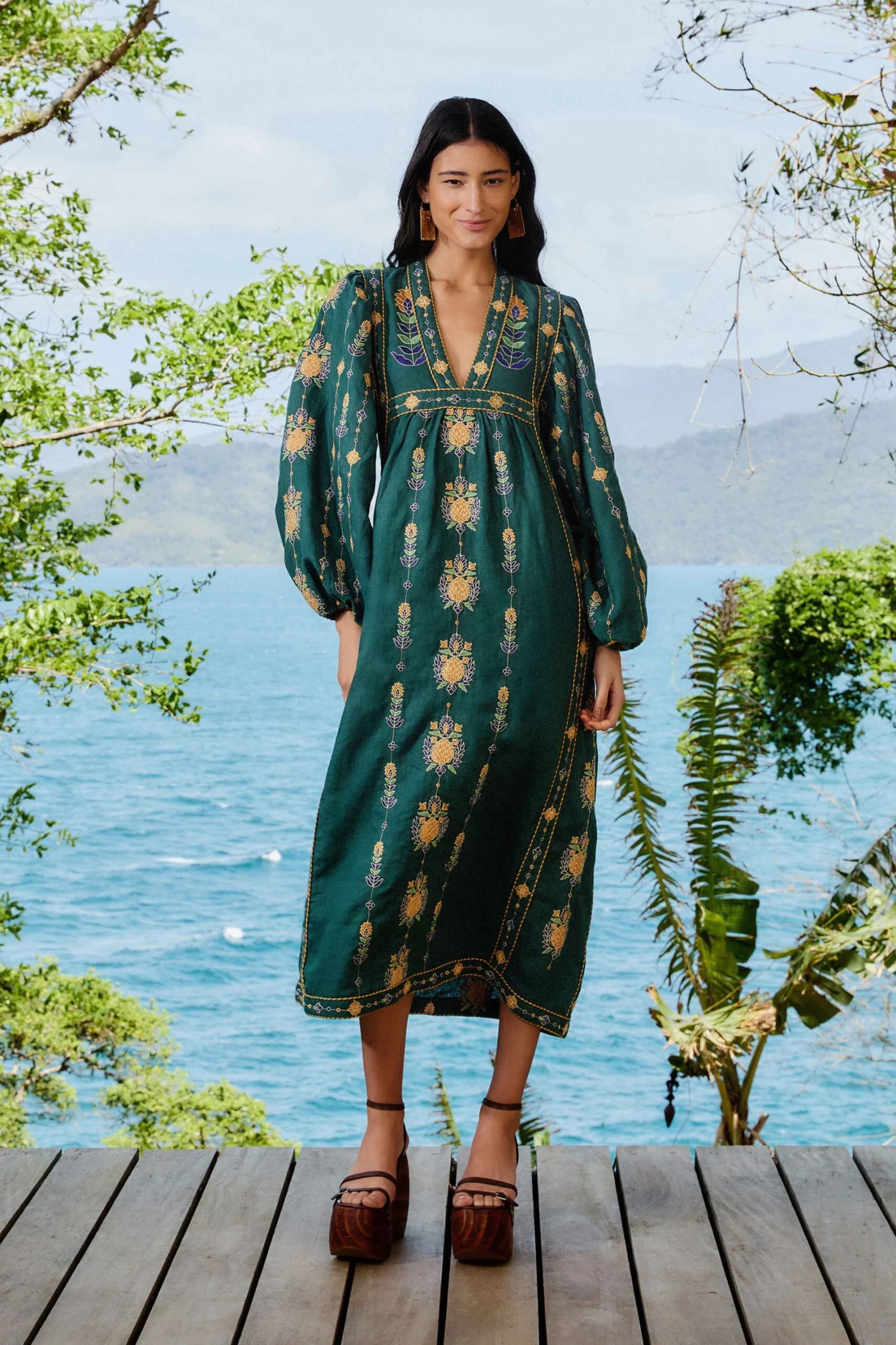Green Pineapple Embroidered Euroflax™ Premium Linen Tunic Maxi Dress 1 Green Pineapple Embroidered Euroflax™ Premium Linen Tunic Maxi Dress