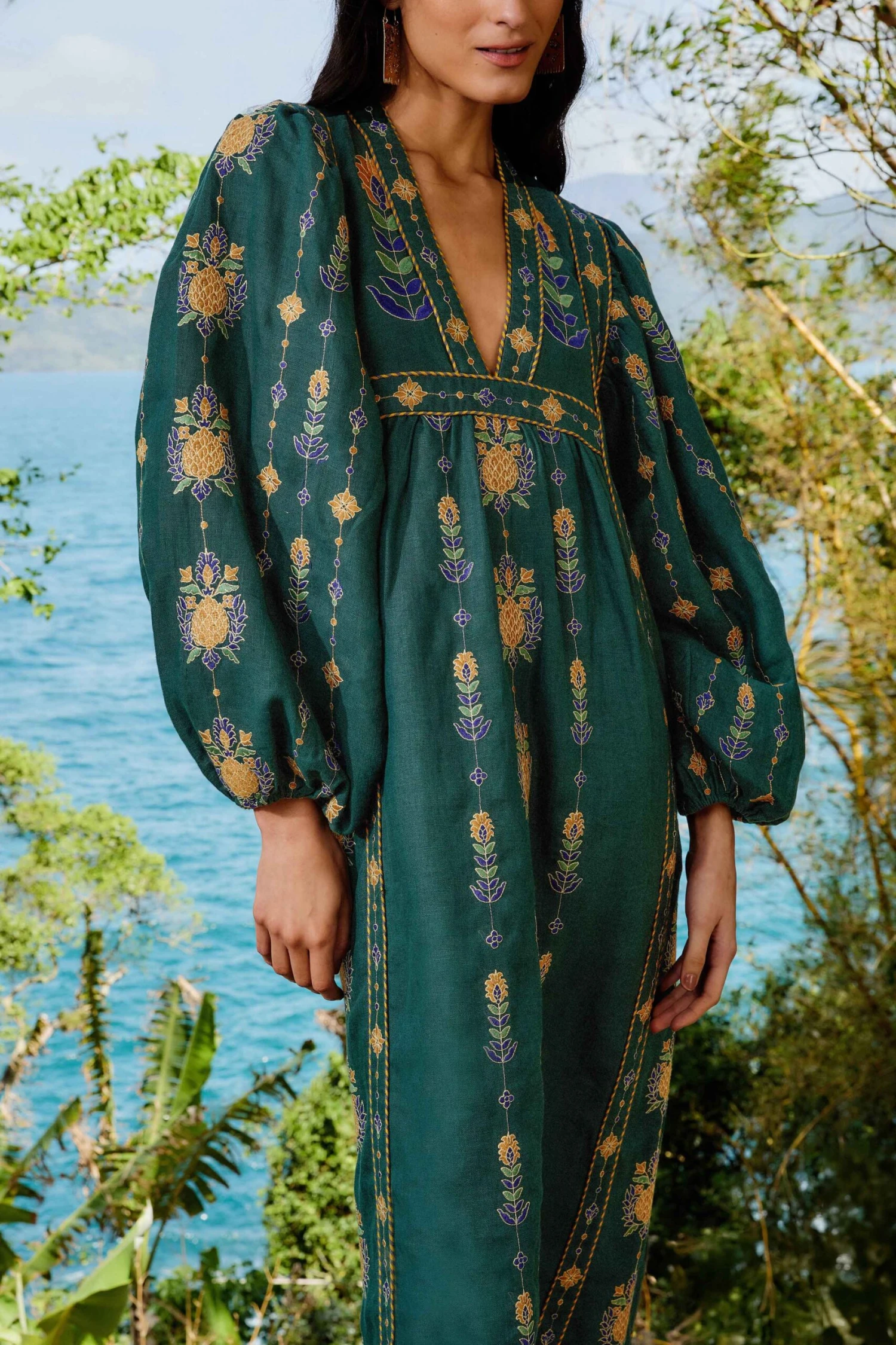 Green Pineapple Embroidered Euroflax™ Premium Linen Tunic Maxi Dress 3 Green Pineapple Embroidered Euroflax™ Premium Linen Tunic Maxi Dress - Image 3