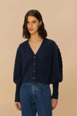 Navy Blue Mixed Stitches Knit Cardigan