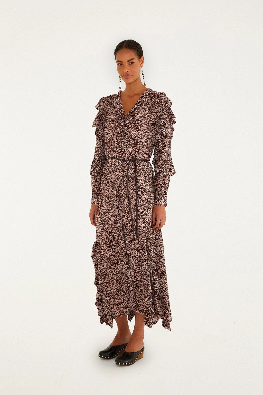 Farm Rio Pink Baby Leopard Long Sleeve Angled Frill Maxi Dress 1 Farm Rio Pink Baby Leopard Long Sleeve Angled Frill Maxi Dress