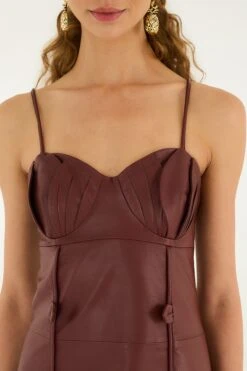 Farm Rio Burgundy 3d Flower Side Slit Leather Midi Dress -Farm Rio 340272 02