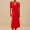 Red Gathered Midi Dress