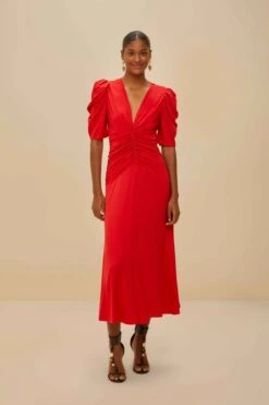 Red Gathered Midi Dress