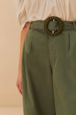 Green Twill Pleated Wide Pants -Farm Rio 343100 04