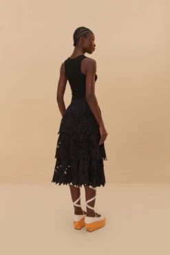 Black Daisy Embroidered Midi Skirt -Farm Rio 343197 04