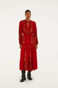 Farm Rio Red Berry Garden Long Sleeve Pleated Maxi Dress