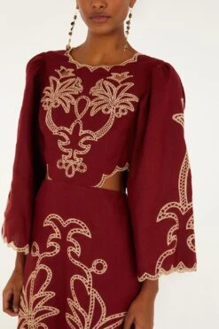 Farm Rio Red Artisanal Cut-Out Embroidered Euroflax™ Premium Linen Maxi Dress -Farm Rio 346124 03