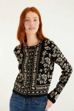 Farm Rio Black And White Flower Bloom Buttoned Knit Cardigan