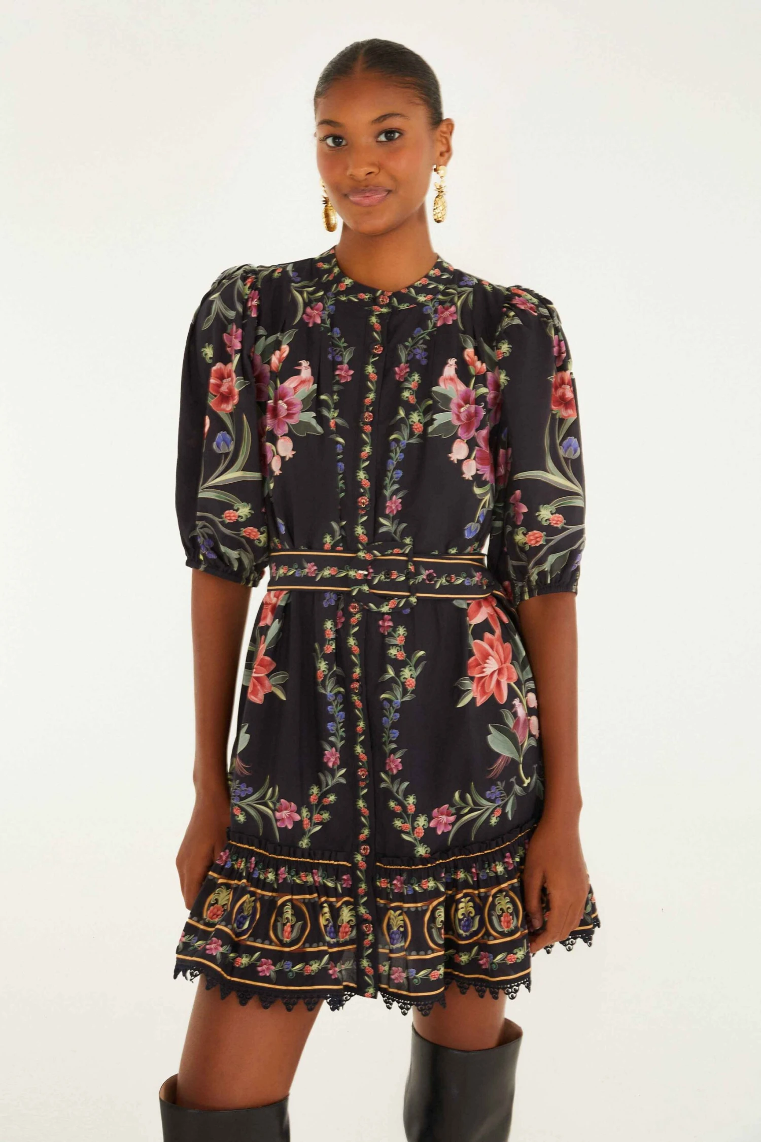 Farm Rio Black Belle Garden Lace Belted Mini Dress 2 Farm Rio Black Belle Garden Lace Belted Mini Dress - Image 2