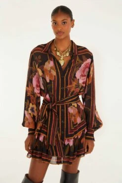 Farm Rio Black Chenille Flowers Belted Long Sleeve Mini Dress -Farm Rio farm rio black chenille flowers belted long sleeve mini dress 340071 1