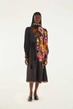 Farm Rio Black Chenille Flowers Lenzing™ Ecovero™ Viscose Midi Dress