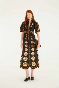 Farm Rio Black Embroidered Flowers Organic Cotton Midi Dress