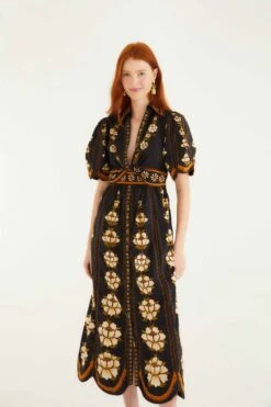 Farm Rio Black Embroidered Flowers Organic Cotton Midi Dress -Farm Rio farm rio black embroidered flowers organic cotton midi dress 340098 2