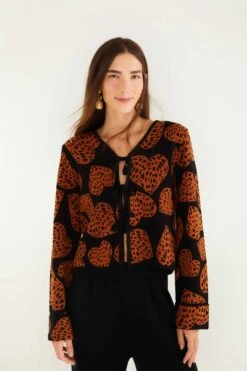 Farm Rio Black Leopard Hearts Front Ties Knit Cardigan